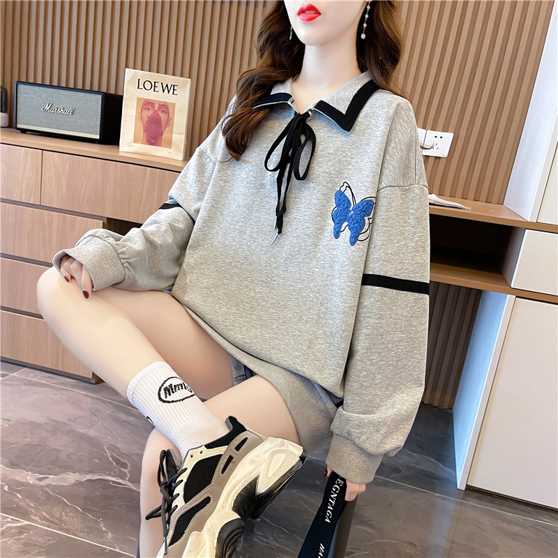 Actual shot of 2024 spring Korean style loose POLO collar cartoon print mid-length plus size women's thin sweatshirt for women