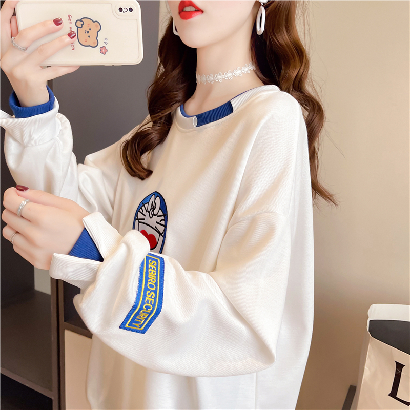Real shot 2024 spring Korean style loose fake two-piece round neck cartoon embroidered large size thin sweatshirt for women