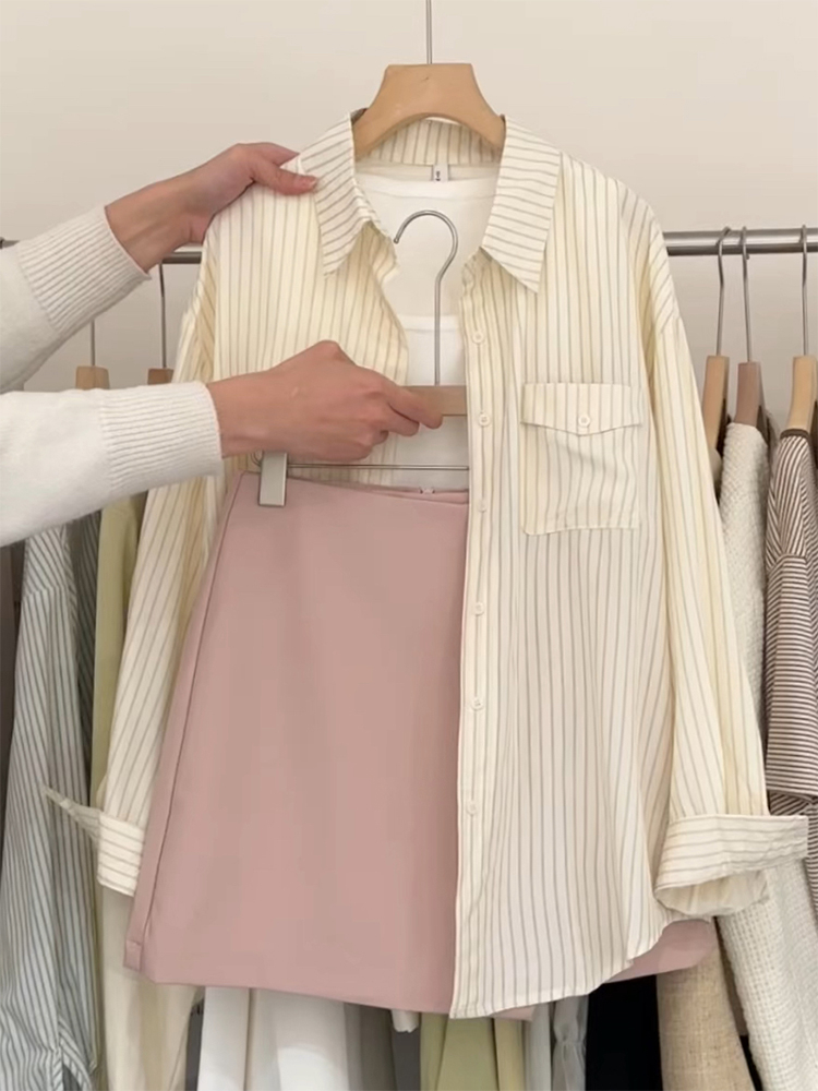 polo領條紋襯衫女2024秋新款設計感小眾寬鬆長袖別致氣質上衣外套