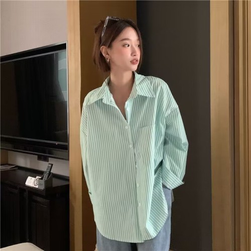 POLO collar striped shirt women's spring and summer design loose mid-length thin sun protection cardigan top