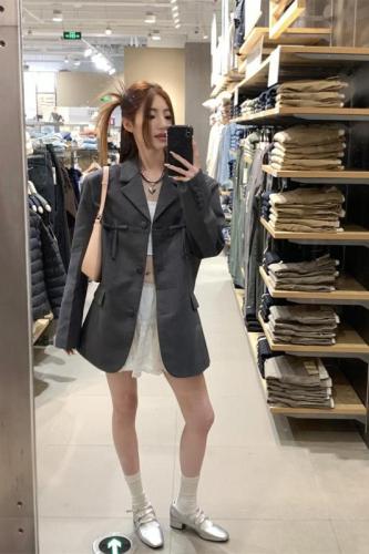 Actual shot of 2024 spring new Korean design casual temperament bow buttoned suit jacket
