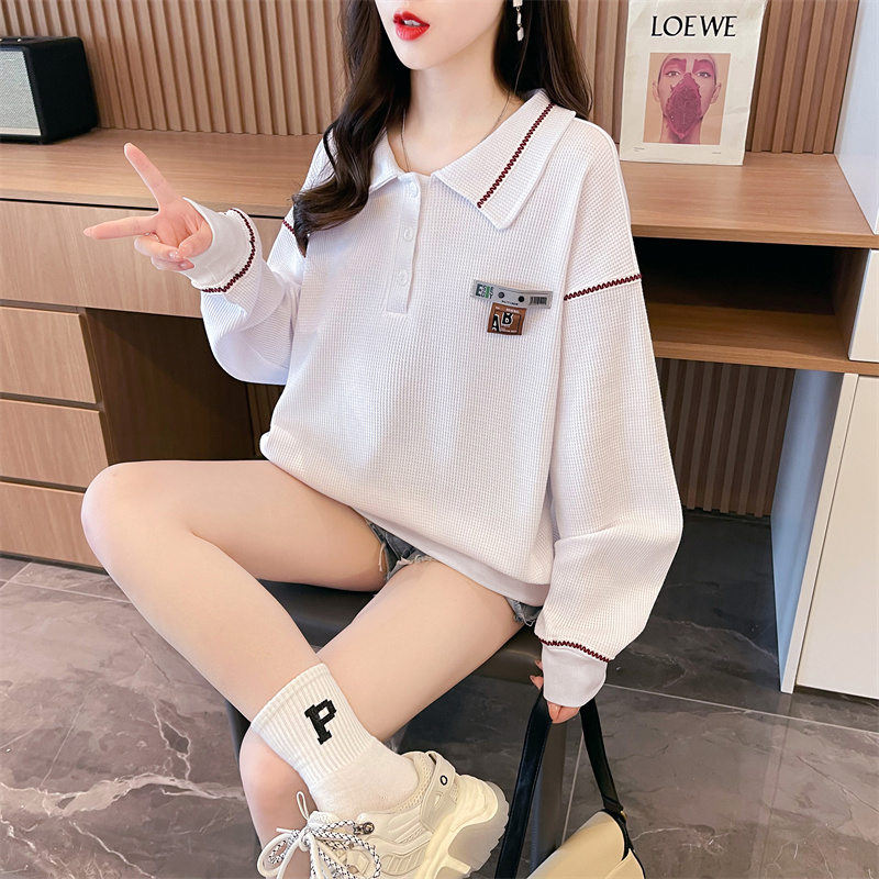 Actual shot of 2024 spring Korean style loose waffle POLO collar label large size thin sweatshirt for women