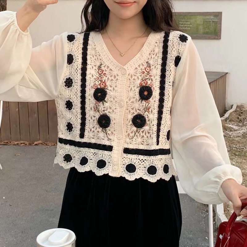 韓版防曬網紅款洋氣針織鈎花拼接長袖女秋季新款假兩件雪紡衫上衣