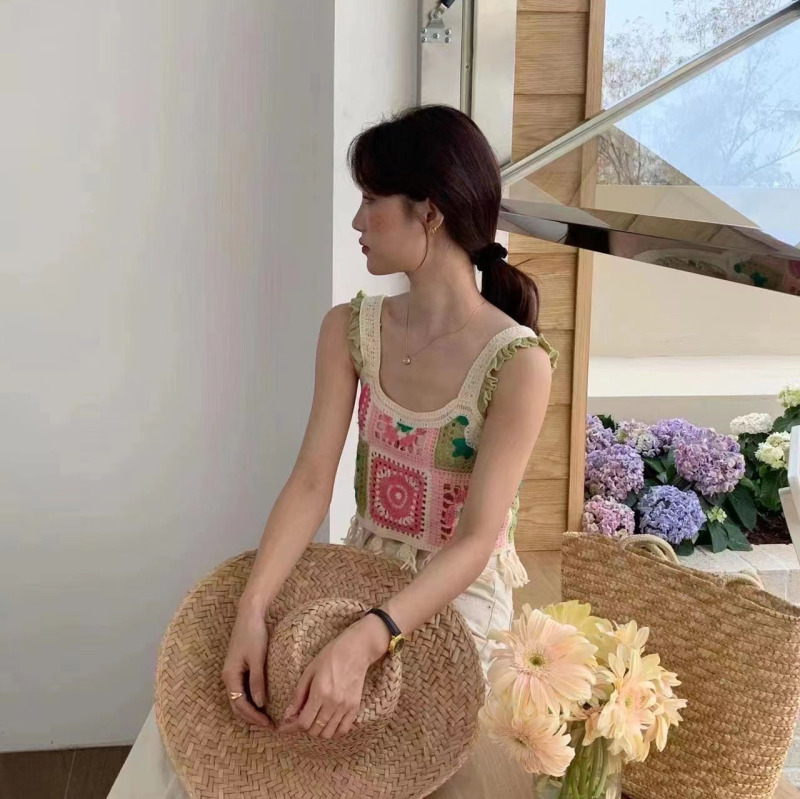 設計感小眾針織吊帶上衣夏季鏤空日系復古炸街鈎花疊穿背心女