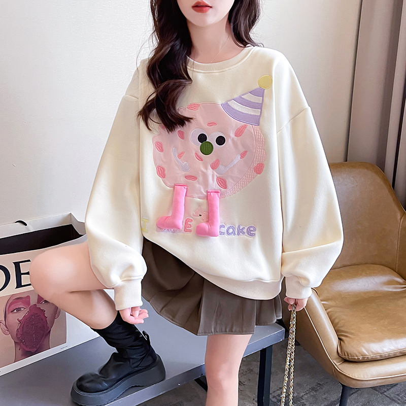 Real shot 2024 spring new Korean style loose round neck cartoon three-dimensional decoration large size thin sweatshirt for women