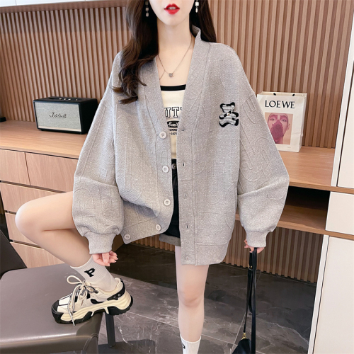 Actual shot of spring Korean style loose imitation cotton jacquard cartoon silver flower button cardigan mid-length thin coat for women