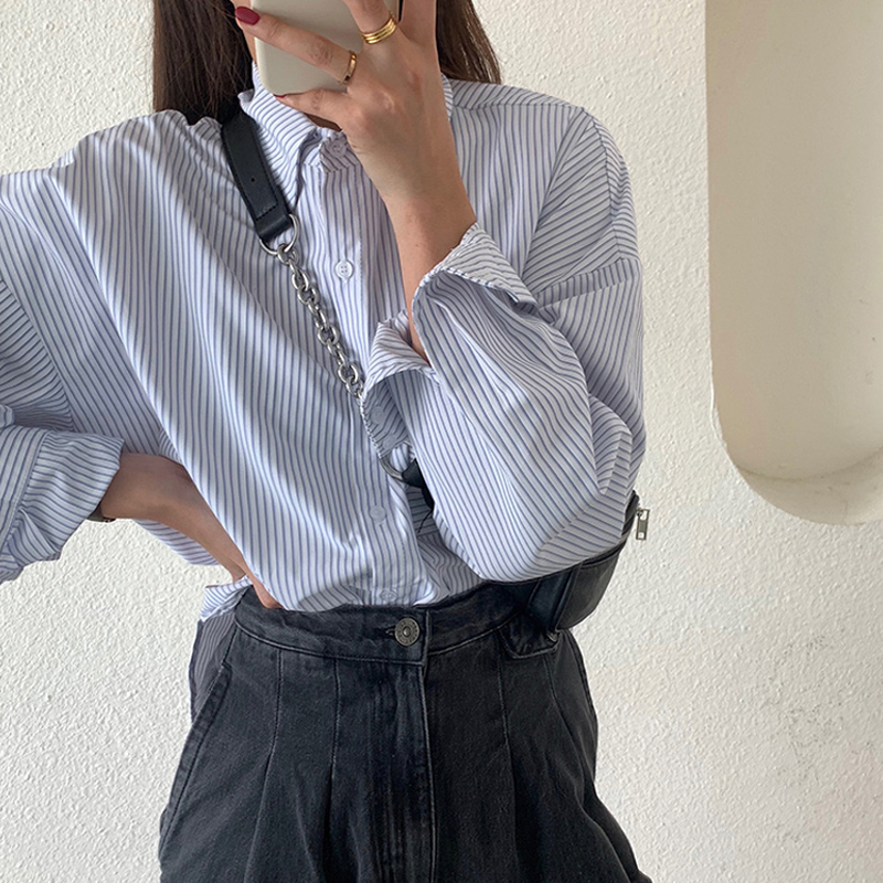 條紋襯衫女外穿復古港味外套春秋季設計感百搭長袖上衣服