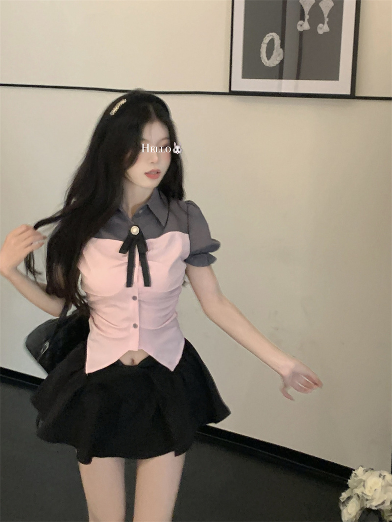 實拍 學院風顯瘦收腰蝴蝶結拼接襯衫女+黑色花苞短裙減齡套裝