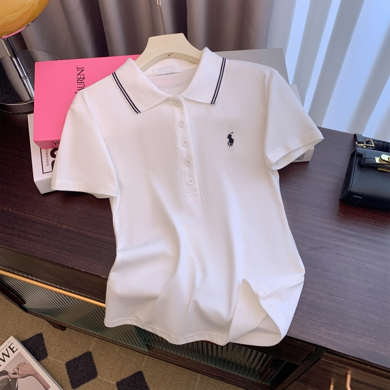 實拍  40支純棉 2024夏裝polo領短袖T恤女刺繡小眾上衣