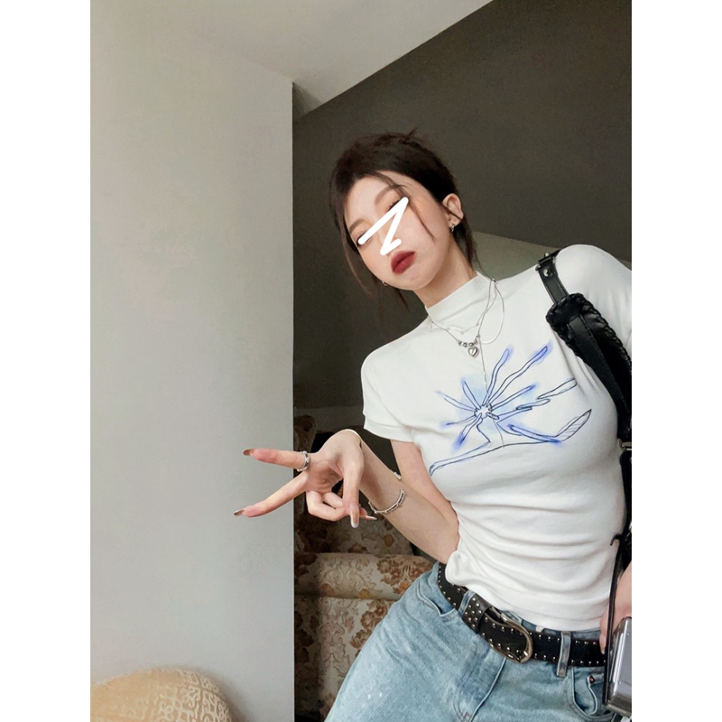 韓版短袖T恤女夏修身純色藝術繪畫動物夏季套頭半高領休閒