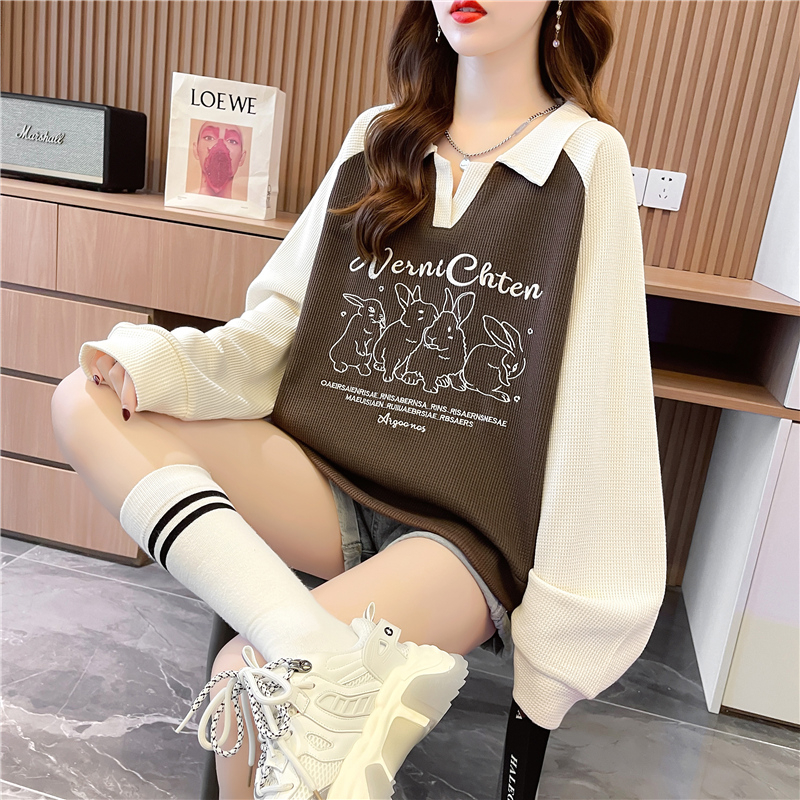 Real shot 2024 spring Korean version loose back bag collar contrasting color POLO collar cartoon print short thin sweatshirt for women