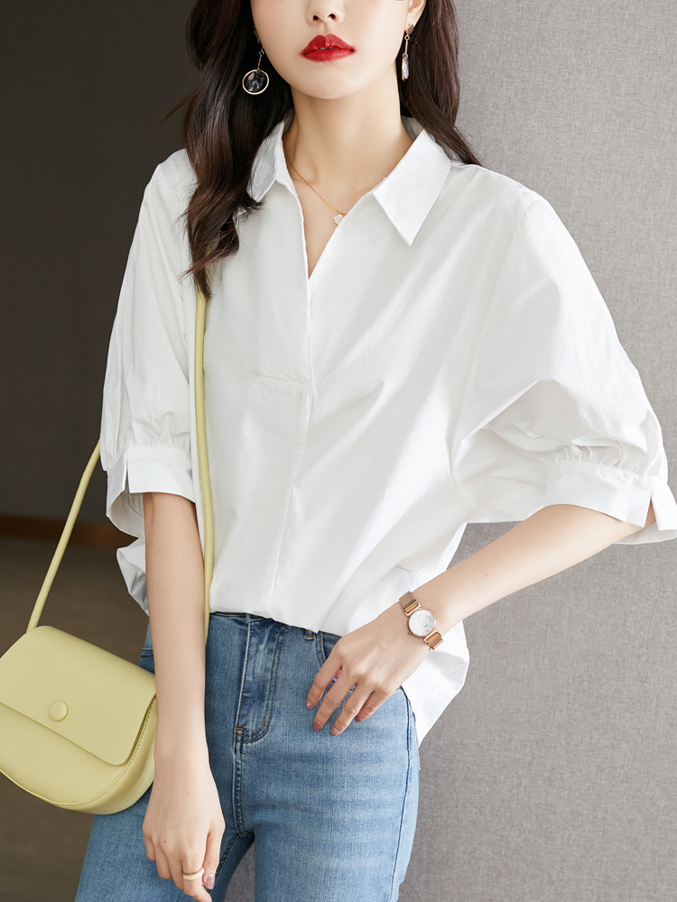 白襯衫女中袖2024夏設計感小眾上衣法式純棉小衫高級感襯衣