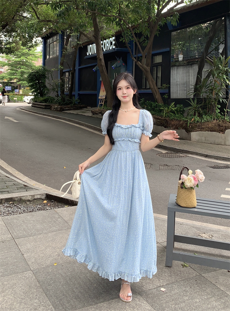 實拍~法式氣質短袖方領連衣裙女清新田園感碎花長裙