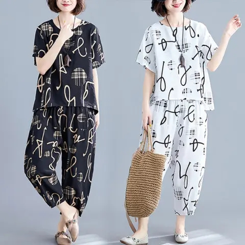 Printed two-piece short-sleeved round-neck T-shirt casual large size wide-leg pants loose fat MM fashion suit for women