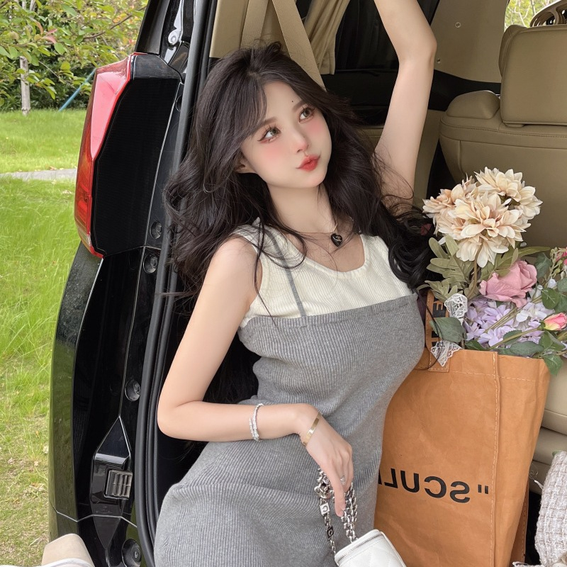 純欲辣妹性感假兩件撞色彈力針織背心連衣裙女夏季小個子收腰裙子