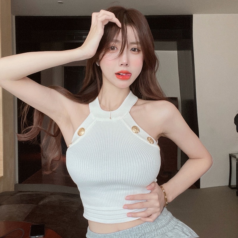 辣妹針織掛脖吊帶小背心女裝夏季藍色薄款修身性感外穿打底衫上衣