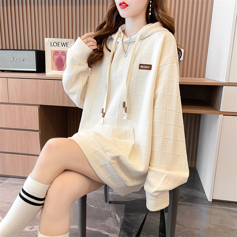 Actual shot of 2024 spring Korean style loose 270g jacquard hooded simple label large size thin sweatshirt for women