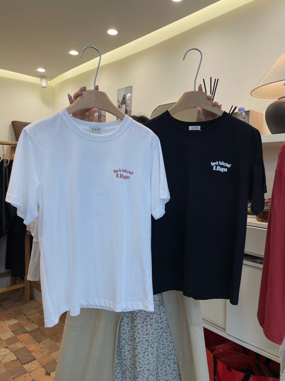 200g combed compact offspun pure cotton back strip Spring and summer loose right shoulder printed short-sleeved T-shirt