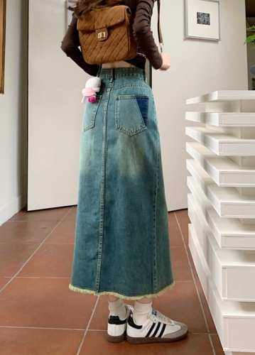 Actual shot #New high-waisted denim skirt for women, design front slit, raw edges, a-line mid-length skirt