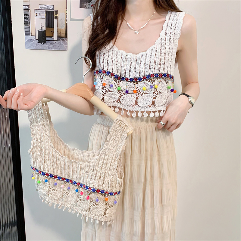 Real shot of Korean retro hollow tassel camisole fairy temperament spring new fashion knitted sweater for women