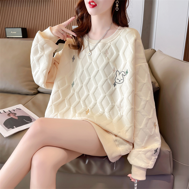 Real shot 2024 spring Korean style loose round neck jacquard embroidered mid-length large size thin sweatshirt for women