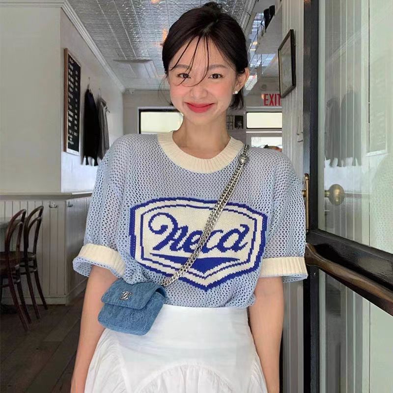 韓國ins博主fever同款AECA寬鬆藍色鏤空針織衫短袖上衣T恤女夏季