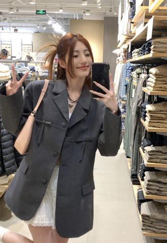 Actual shot of 2024 spring new Korean design casual temperament bow buttoned suit jacket