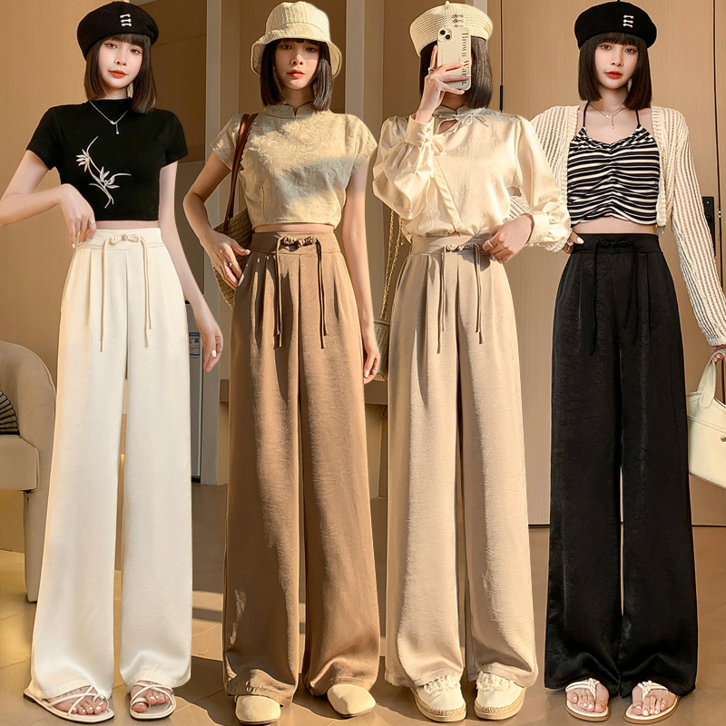 實拍新中式國風緞面提花闊腿褲女2024春夏高腰顯瘦直筒拖地休閒褲