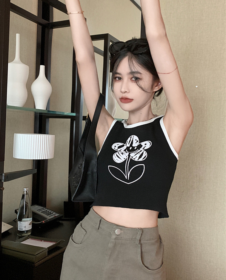 辣妹針織掛脖吊帶小背心女裝夏季藍色薄款修身性感外穿打底衫上衣