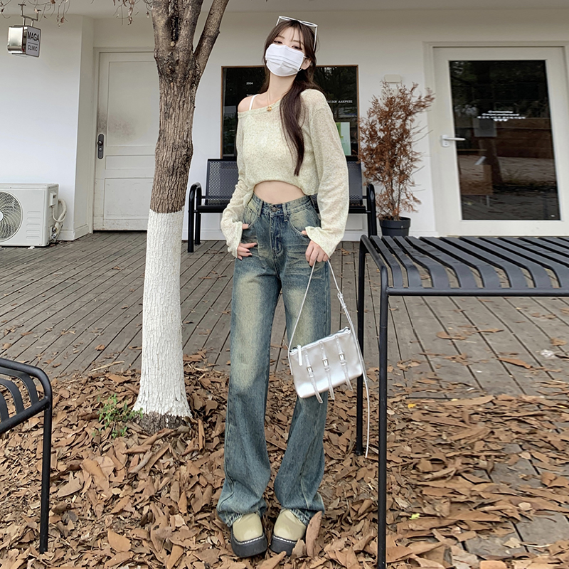 實拍~2024復古做舊水洗撞色牛仔褲女高腰顯瘦美式百搭垂感闊腿褲