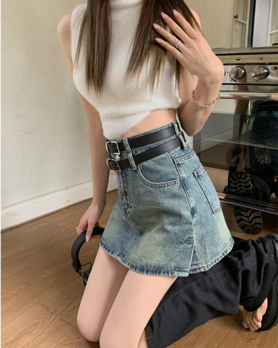 Real shot of retro denim skirt for women spring 2024 new hot girl high waist with lining and free belt