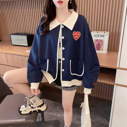 Actual shot of spring Korean style loose 320g inner draw POLO collar contrasting color embroidered cardigan large size thin jacket for women