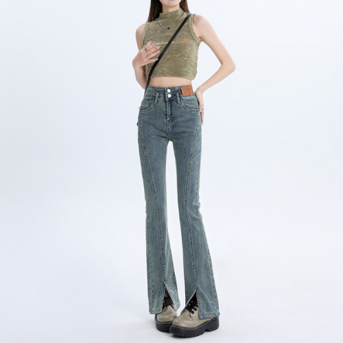 Actual shot of slit micro-flared pants, elastic slim fit, slimming bell-bottom jeans, nine-point/trousers/plus