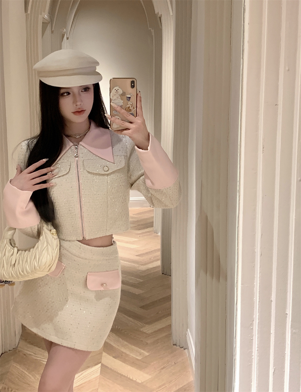 實拍新款高級感軟糖拼色小香風奶fufu甜系少女兩件套套裝