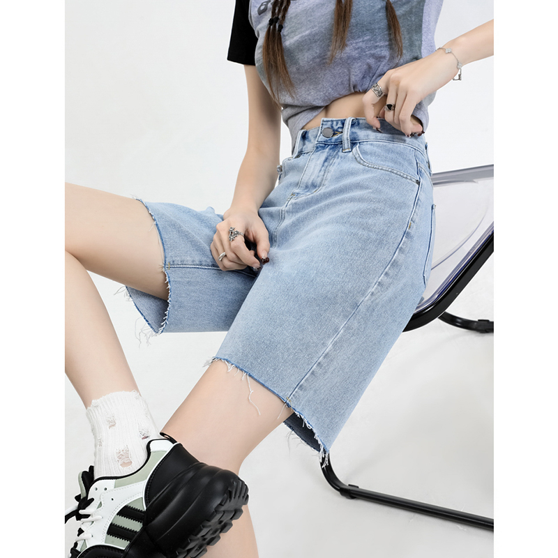Casual retro high-waisted washed jeans loose spring and summer new slim raw edge straight-leg jeans