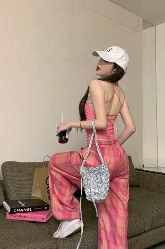 Real shot of designer pink camisole for women + hot girl plaid wide-leg pants and designer casual pants