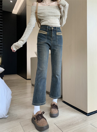 Actual shot of new high-waisted stretch straight slim slimming nine-point jeans for women