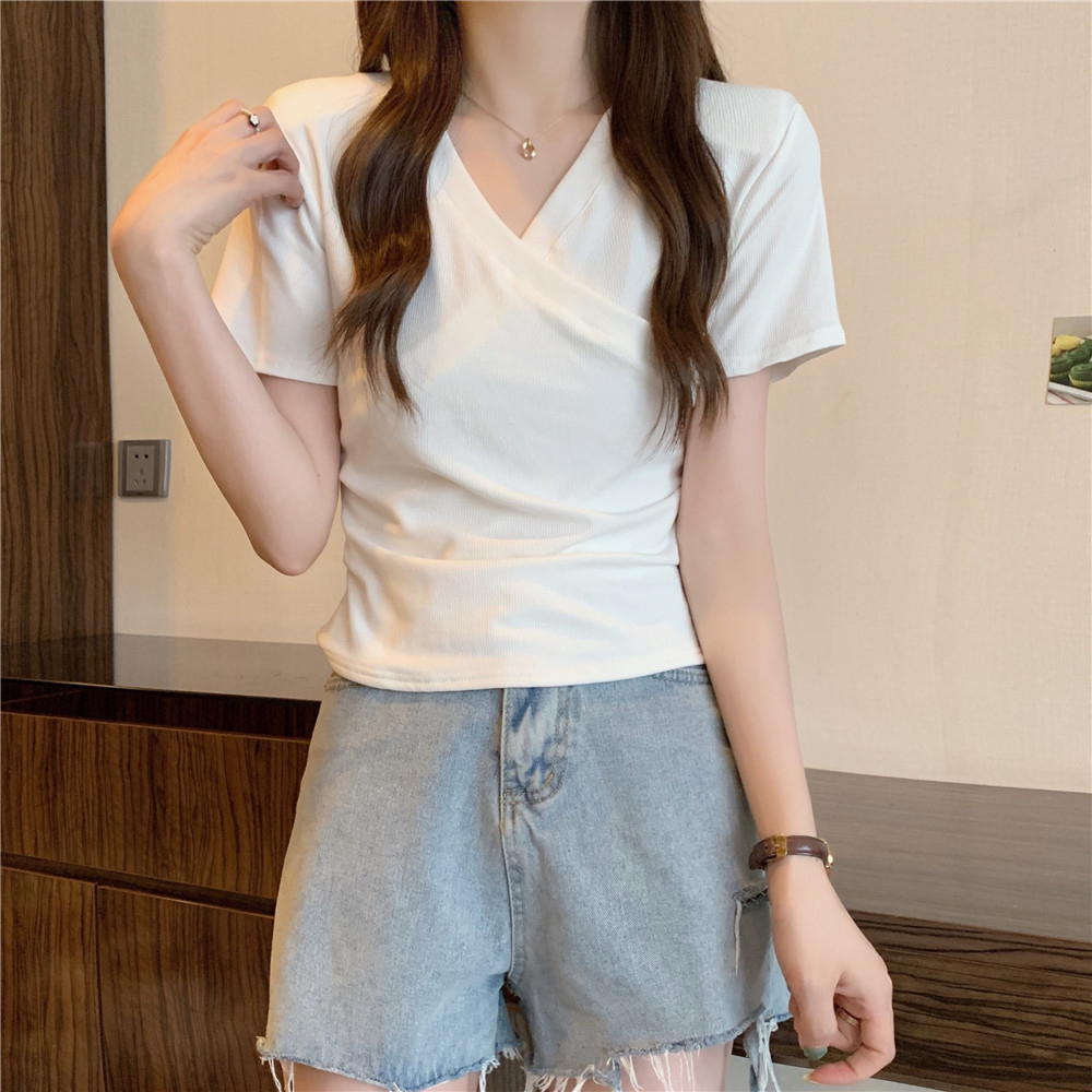 Designed cross V-neck top women's slimming short-sleeved T-shirt summer new style versatile shirt