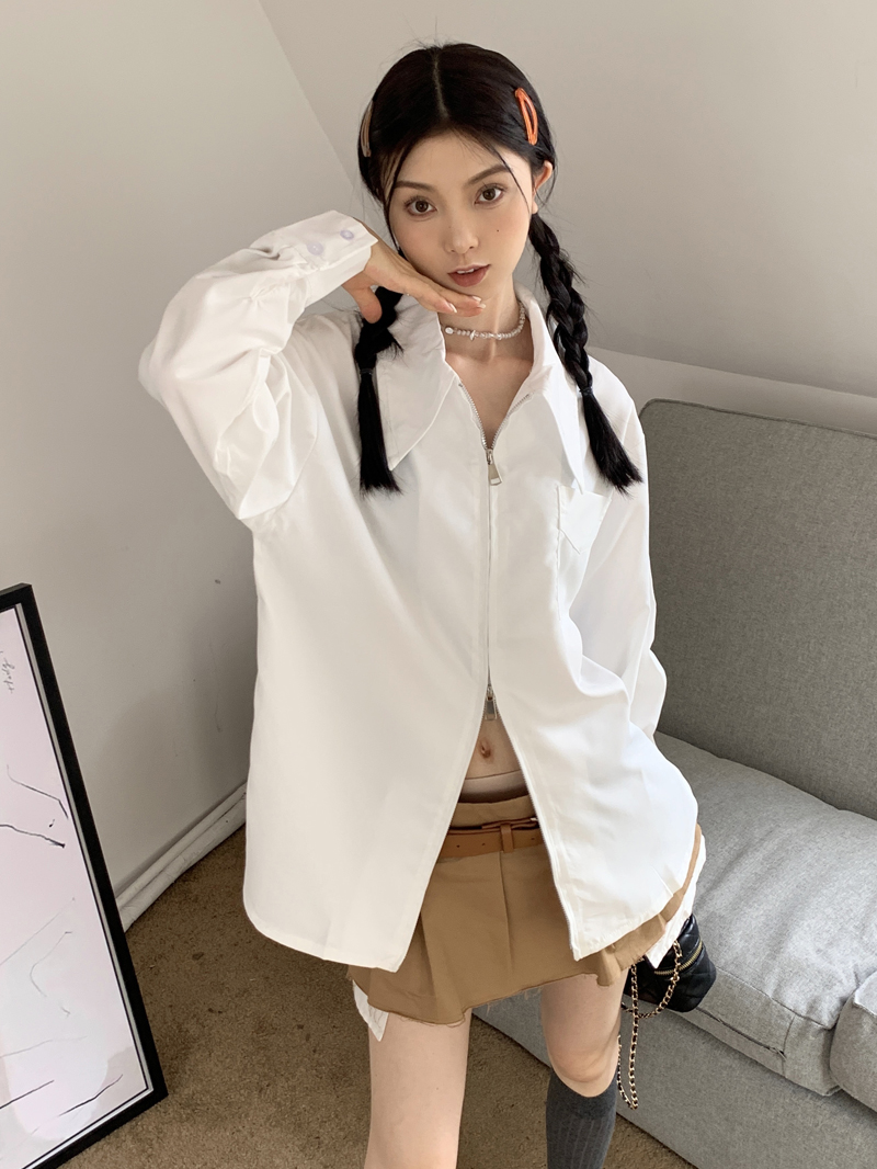春秋法式復古設計感雙拉鏈POLO領長袖襯衫女秋季寬鬆