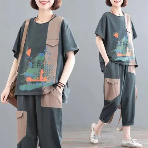 Casual Fashion Suit Women's Summer Suit Fat mm Loose Slim Plus Size Women's Suit Short Sleeve Two-piece Set