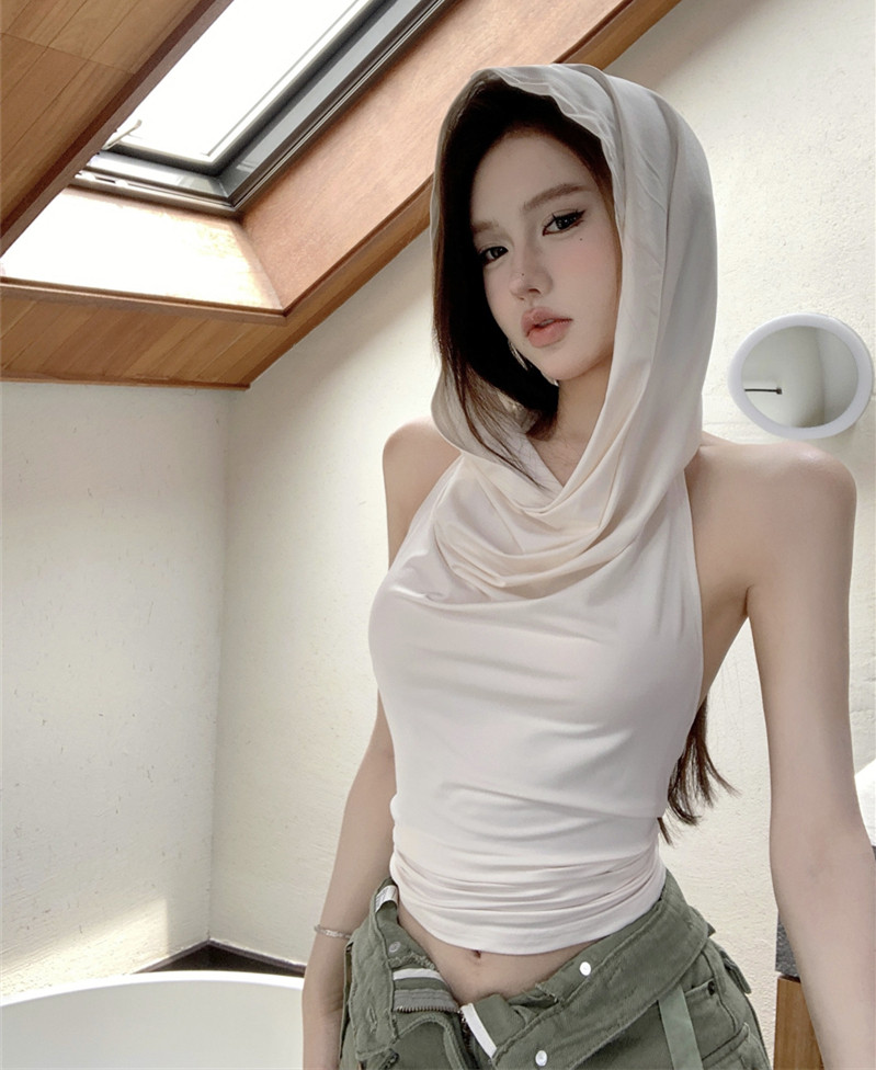 Actual shot of wasteland style design hooded sleeveless niche slimming large backless strappy vest top for women