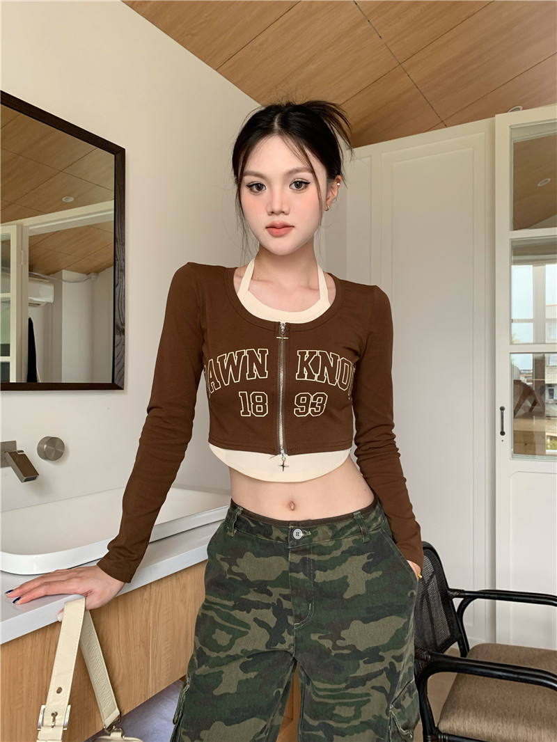 @realshot American letter print halter neck fake two piece long sleeve T-shirt
