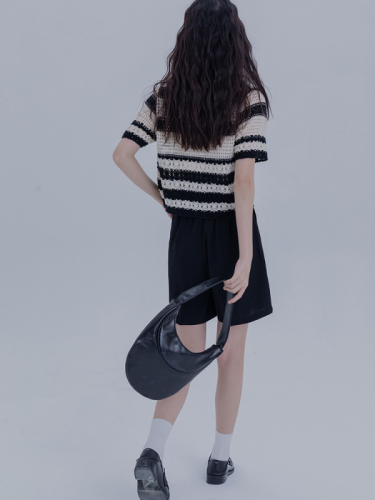 EGGKA striped short-sleeved sweater for women summer new design niche hook pattern hollow short top