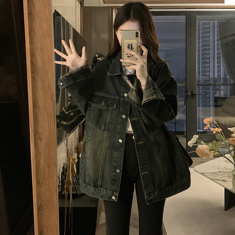 實拍！美式高街復古寬鬆水洗做舊牛仔外套女2024春秋新款