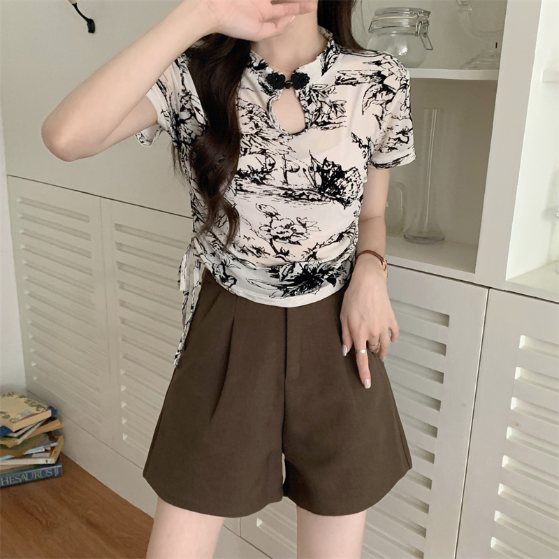 實拍夏季新中式復古別致設計感水墨畫網紗盤扣抽繩短袖上衣女