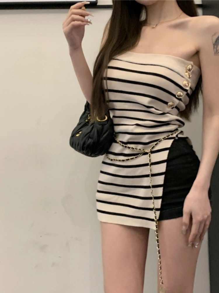 法式氣質茶藝甜辣妹條紋抹胸背心女內搭一字肩不規則開叉無袖上衣