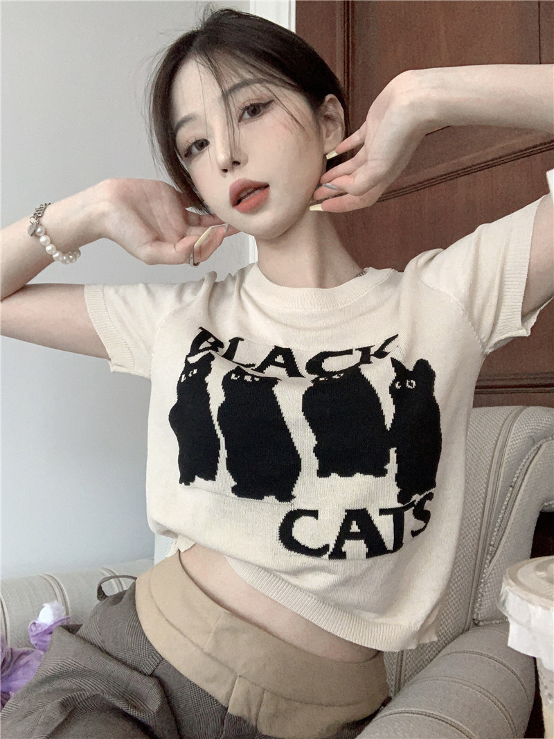 甜辣妹貓咪正肩針織短袖T恤女夏季純欲風修身短款設計感小眾上衣