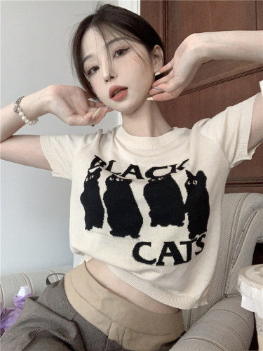 甜辣妹猫咪正肩针织短袖T恤女夏季纯欲风修身短款设计感小众上衣