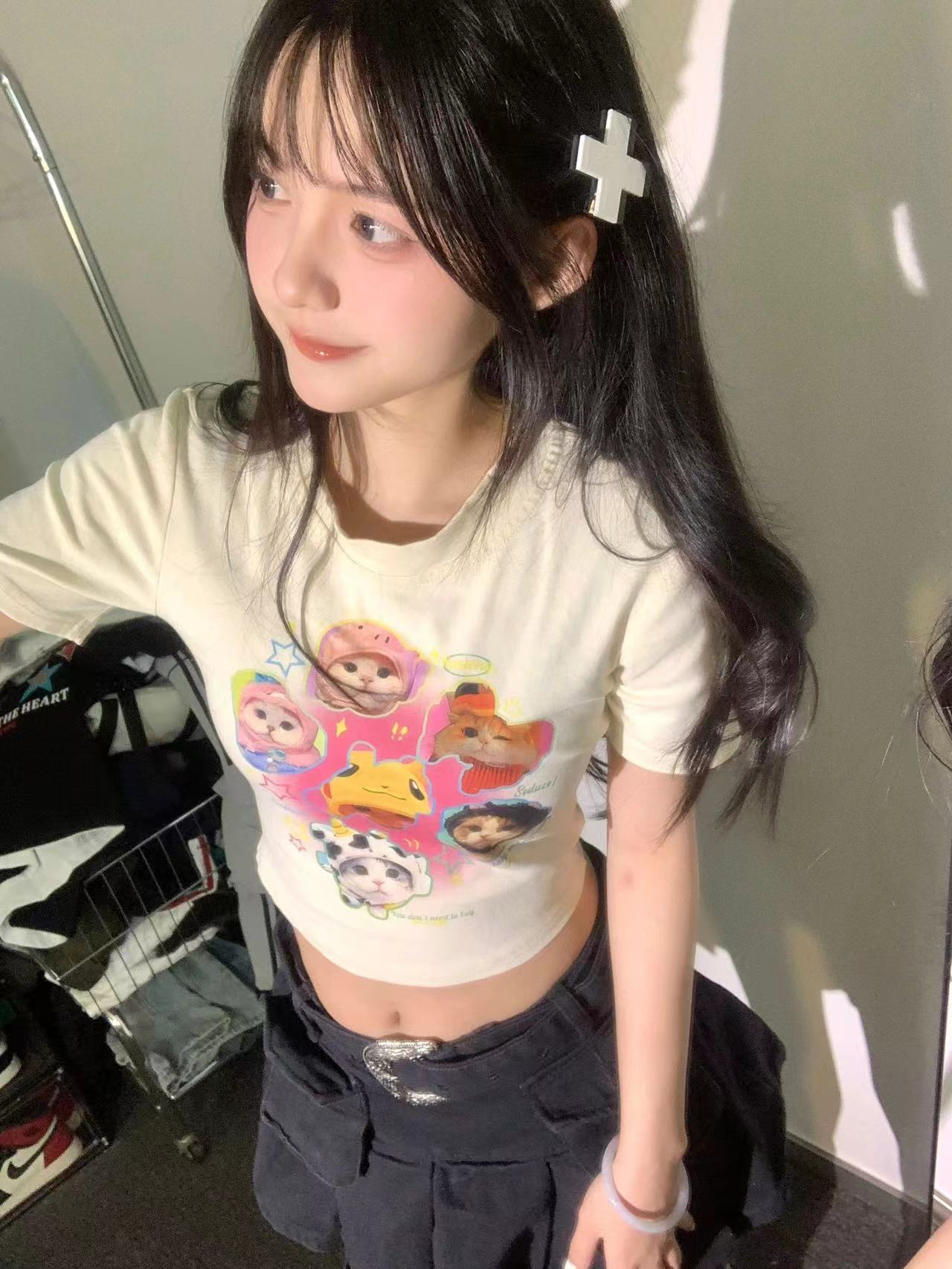 純棉210克40支奧代爾帶彈力直播品質前 印花短款修身t恤女