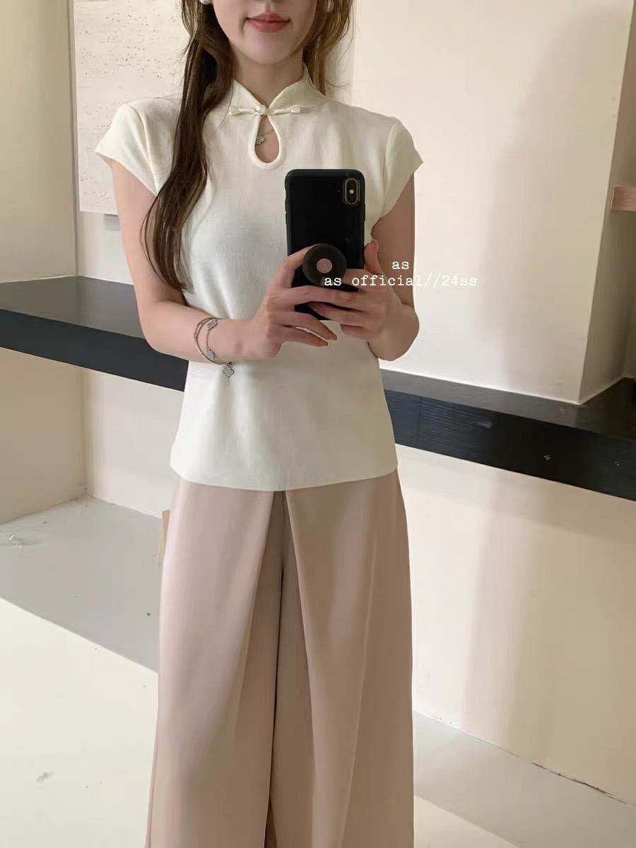 新中式國風盤扣立領針織衫短袖女夏季小飛袖修身正肩T恤氣質上衣